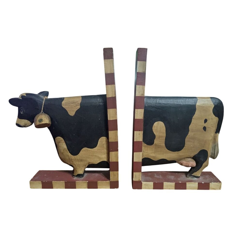 Wooden Cow Bookends Farmhouse Decor 11 in tall 7 in long w/some chips VTG